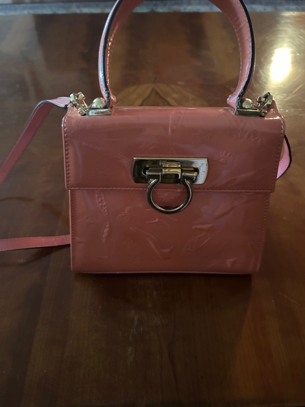 Salvatore Ferragamo Pink Patent Mini Top-Handle Crossbody Bag with Gold Ring